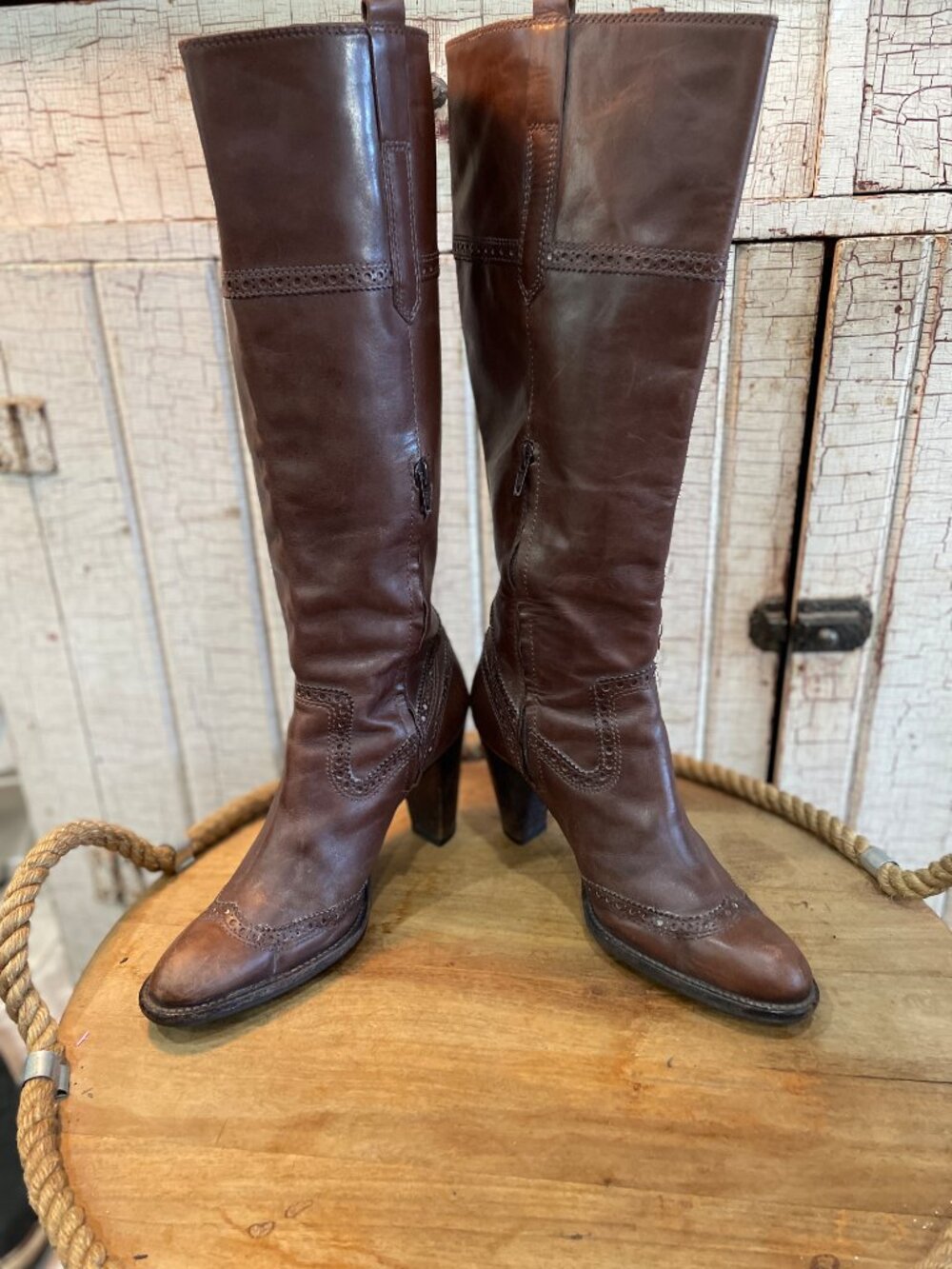 RSVP Collection Brown Leather Tall Riding Boots Size 8M Womens Brogue Detail - Picture 7 of 13